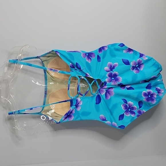 Sessa Turquoise blue & purple floral print one piece Swimsuit Strappy Back 14 - Picture 2 of 11